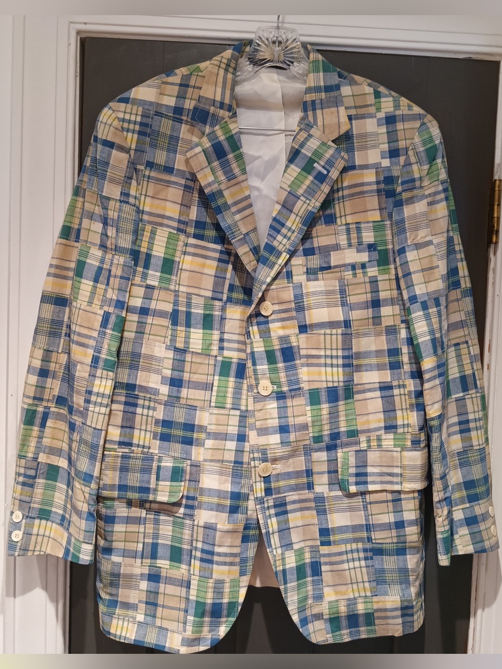 Men's madras  Plaid Patchwork Blazer in Blue, Green & Cream